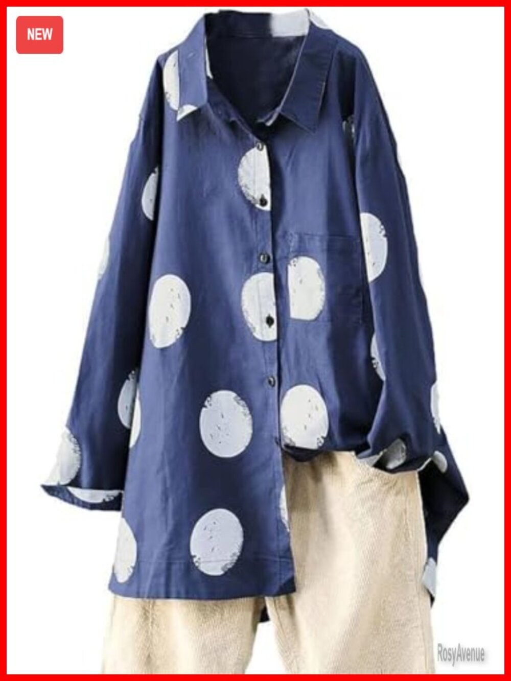 Women's Button Down Tunic Top Polka Dot Cotton Blouse Oversized Shirt